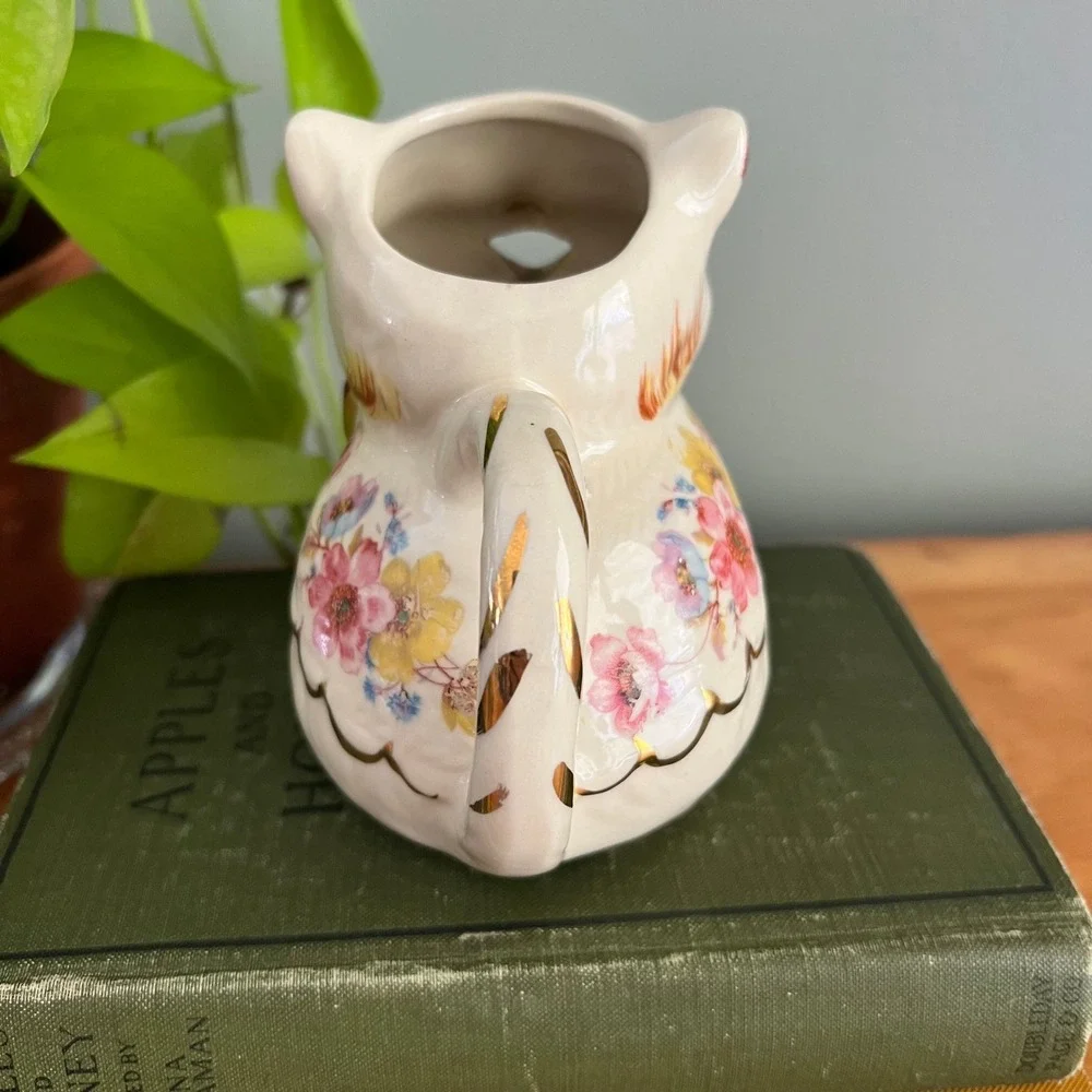 Vintage Shawnee Pottery Puss In Boots Creamer Floral Gold Gilt 1940s 1950s USA
